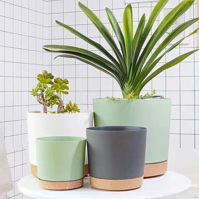 grand pot circulaire en plastique pour plantes d'intérieur avec drainage et plateau - vue 2 sur 15