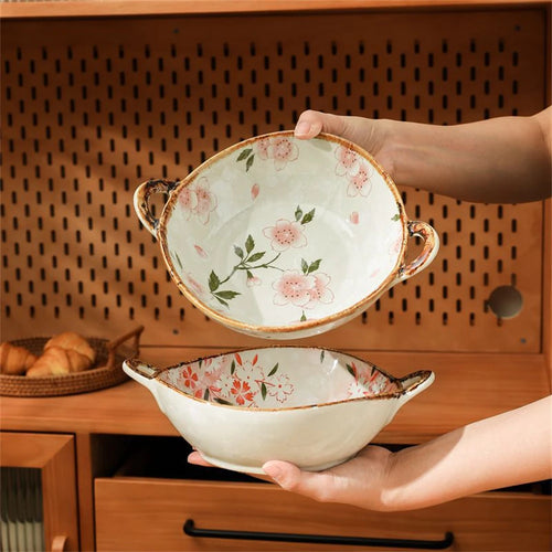 Bol japonais en céramique à anse motif floral