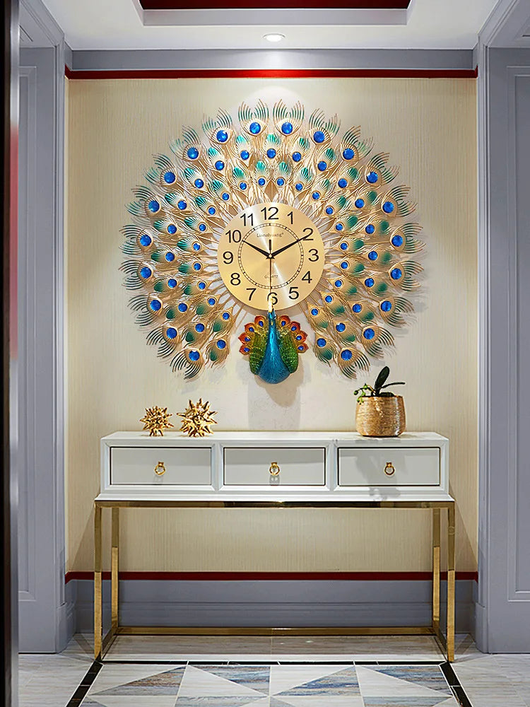 horloge murale silencieuse en métal motif paon décorative intérieure - vue 4 sur 7