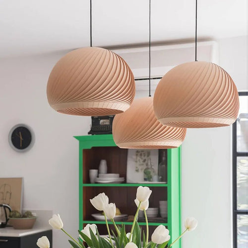 Suspension LED demi boule en bois simple