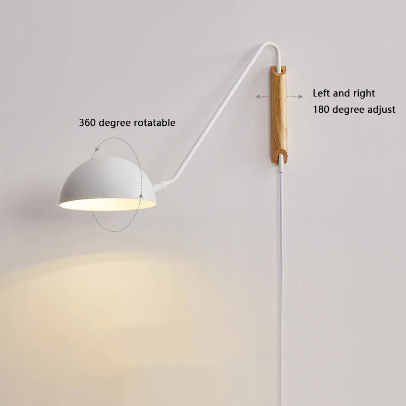Nordic Bedroom Bedside Wall Lamps Plug In Wall Sconce Black White Iron Lampshade Swing Long Arms Wall Mounted Light E27 - vue 6 sur 14