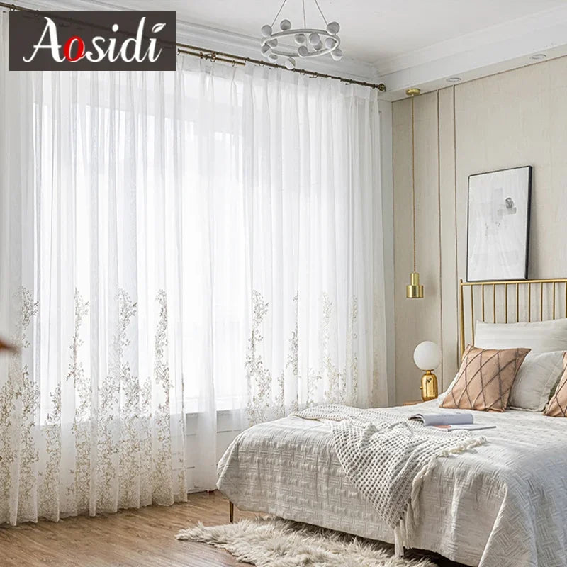 Voilage tulle brodé floral rideau moderne salon chambre