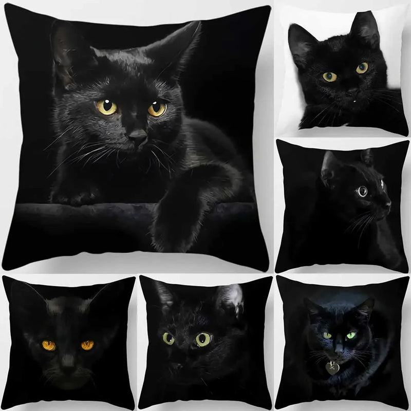 housse de coussin carrée imprimée chat noir décoratif