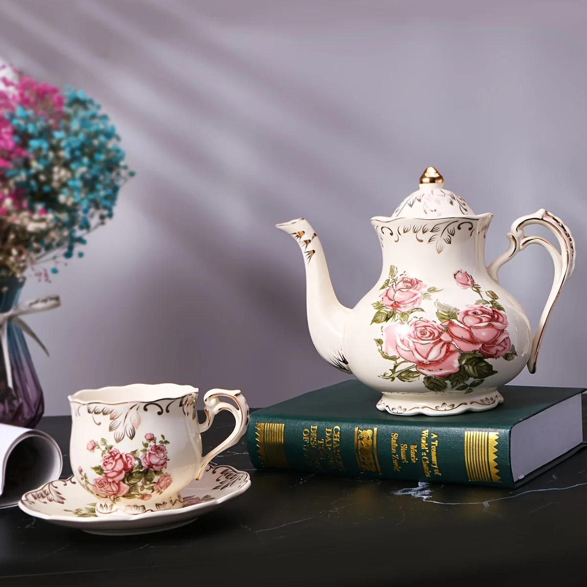 theiere ceramique avec soucoupe style elegant tea time - vue 4 sur 6