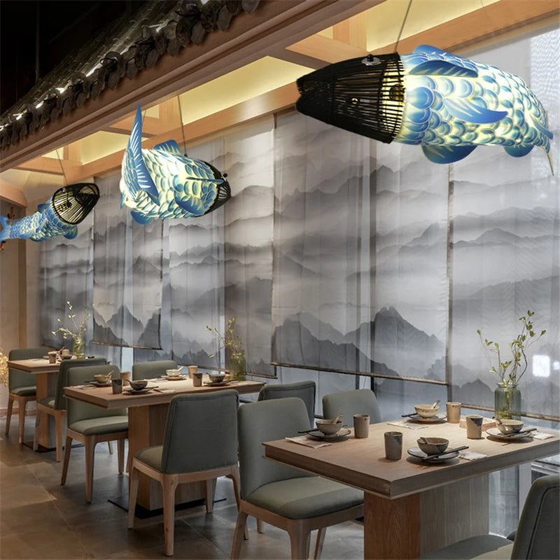 lustre en bambou style chinois créatif avec gros poisson - vue 7 sur 12