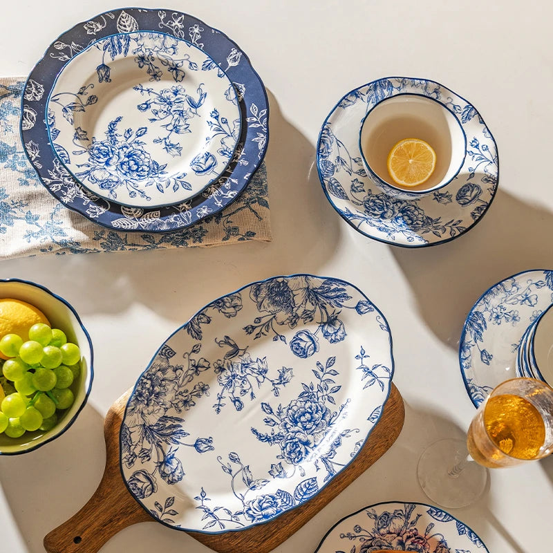 Service assiettes ceramique vintage motif fleurs champetre