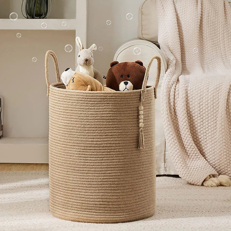 grand panier de rangement tissé avec poignées pliable pour jouets et linge - vue 4 sur 9