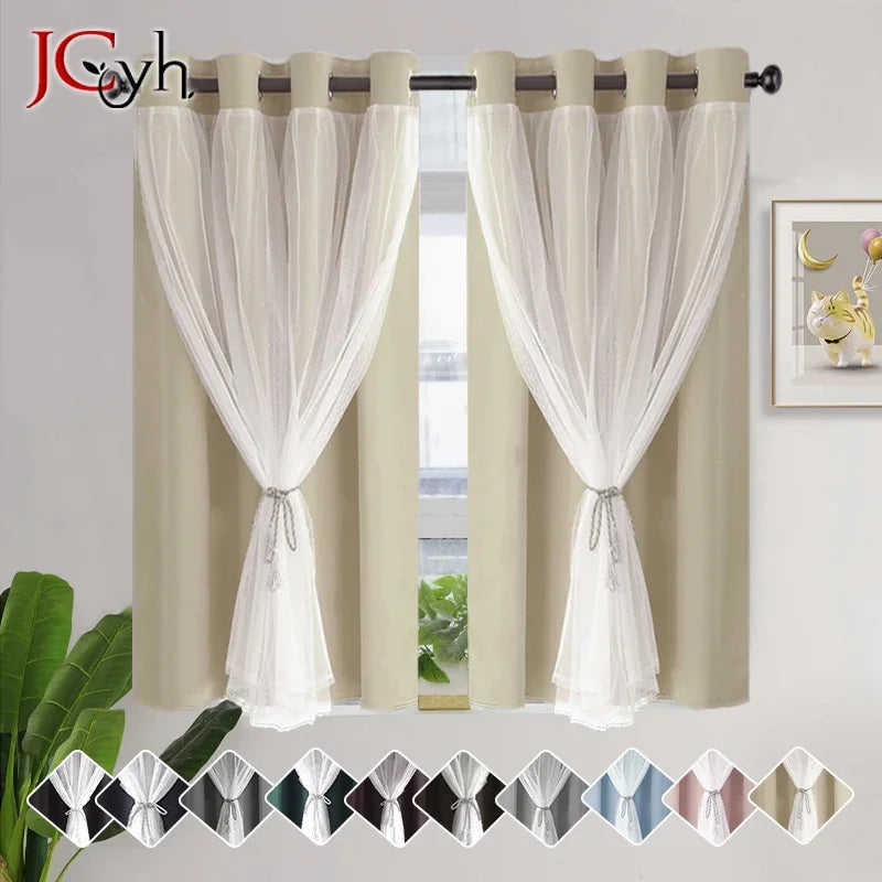 Rideau occultant court double couche style moderne carreaux
