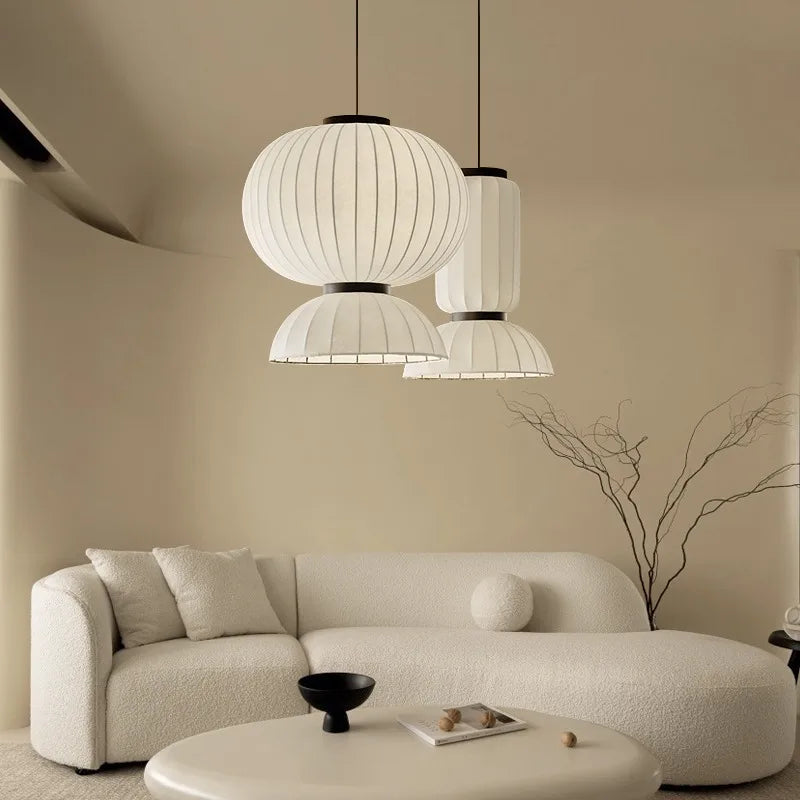 Lustre boule ovale en tissu style soie japonaise design - vue 4 sur 8