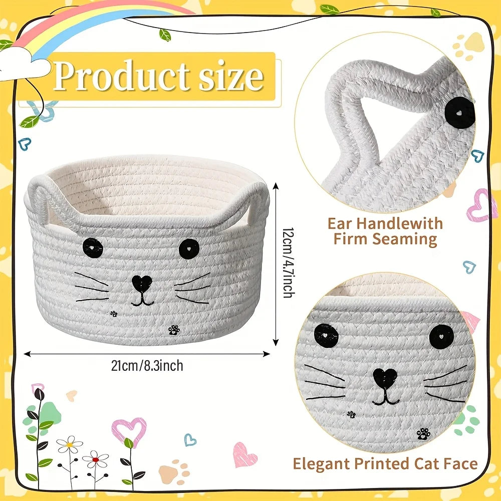 panier de rangement en coton tissé visage de chat adorable - vue 6 sur 11