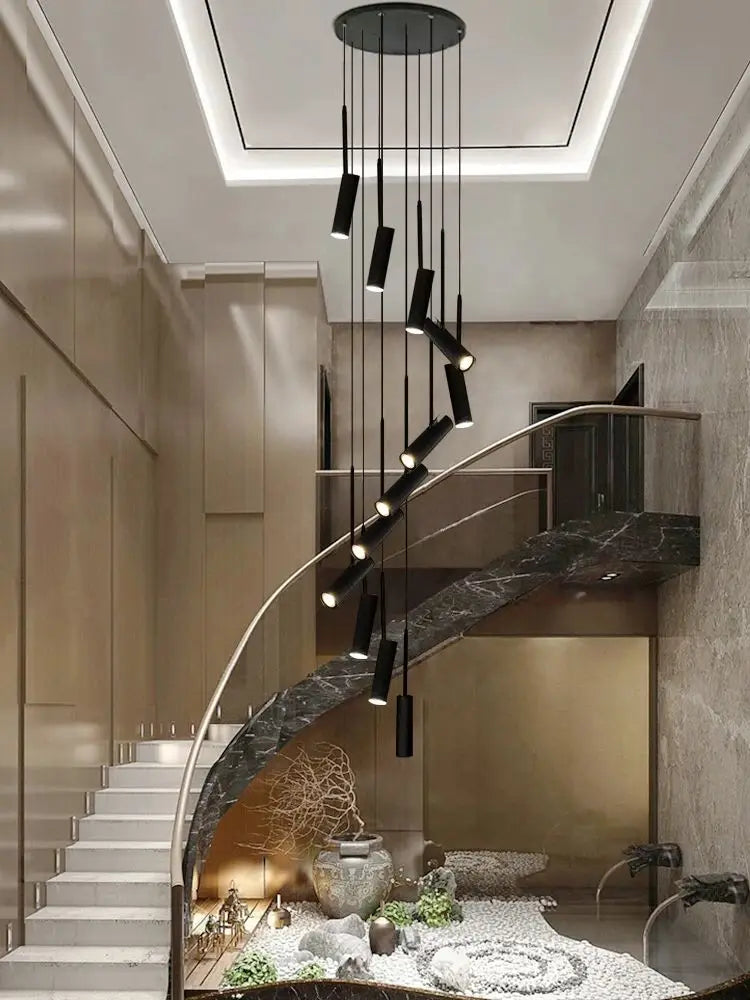 Led cylindrique spot suspension design moderne Restaurant éclairage noir blanc minimaliste escalier Long lustre - vue 3 sur 14