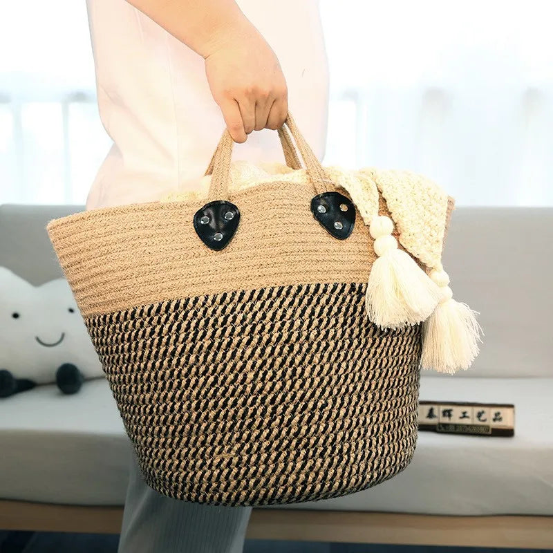 panier de rangement en jute et coton avec poignée - vue 5 sur 7
