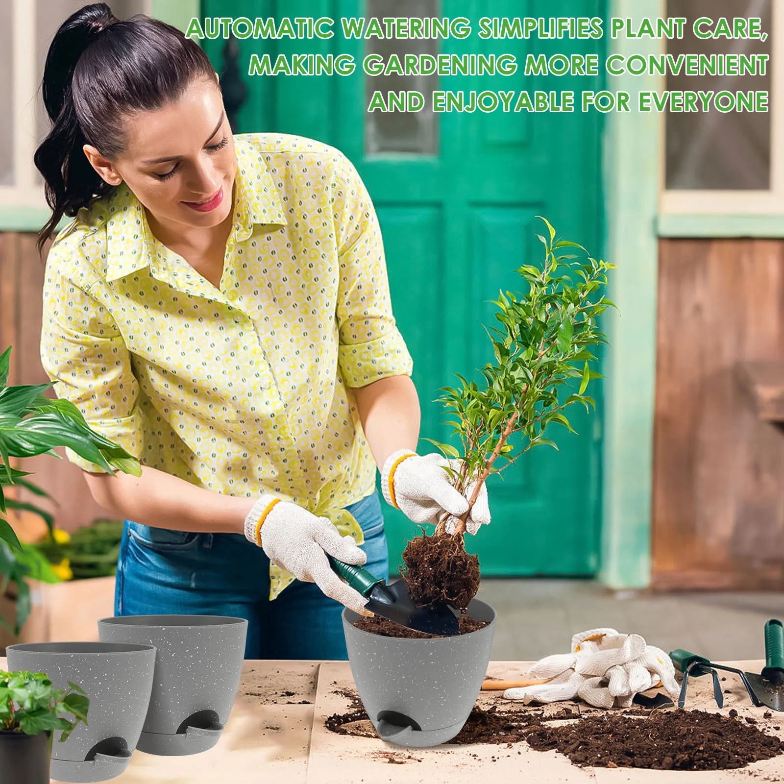 lot de 3 pots de fleurs auto-arrosants en plastique avec réservoir intégré - vue 9 sur 8