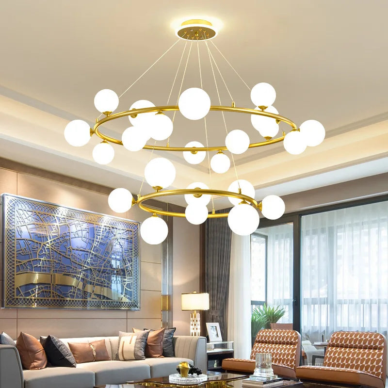 lampe suspendue nordique avec boule de verre et anneau mat réglable - vue 5 sur 14