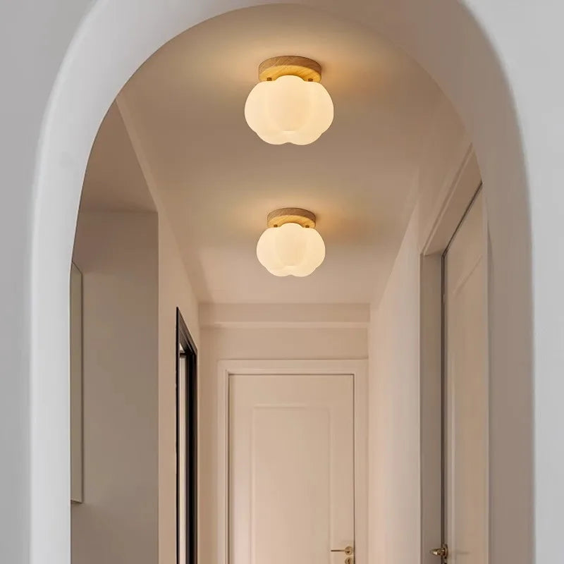 Walnut Wood Roll Molded Pumpkin, Wabi Sabi Modern, Flush Ceiling light fixture for Entrance Hall, Corridor, Balcony, Entrance - vue 5 sur 10