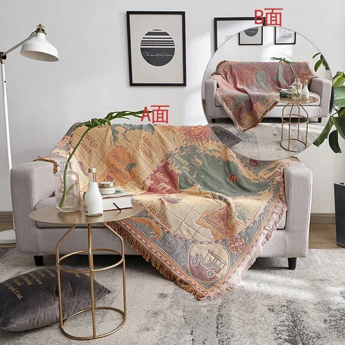 Plaid bohème tricoté motif carte du monde salon