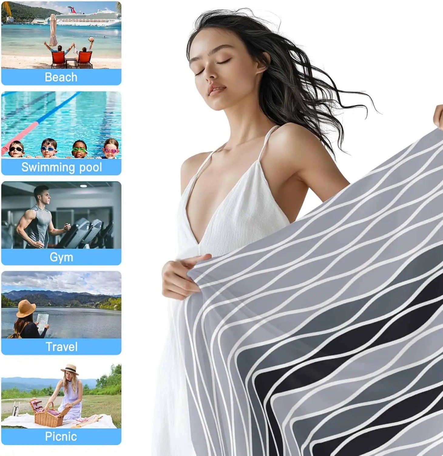 Serviette de plage motif vagues abstraites absorbante rapide - vue 3 sur 6