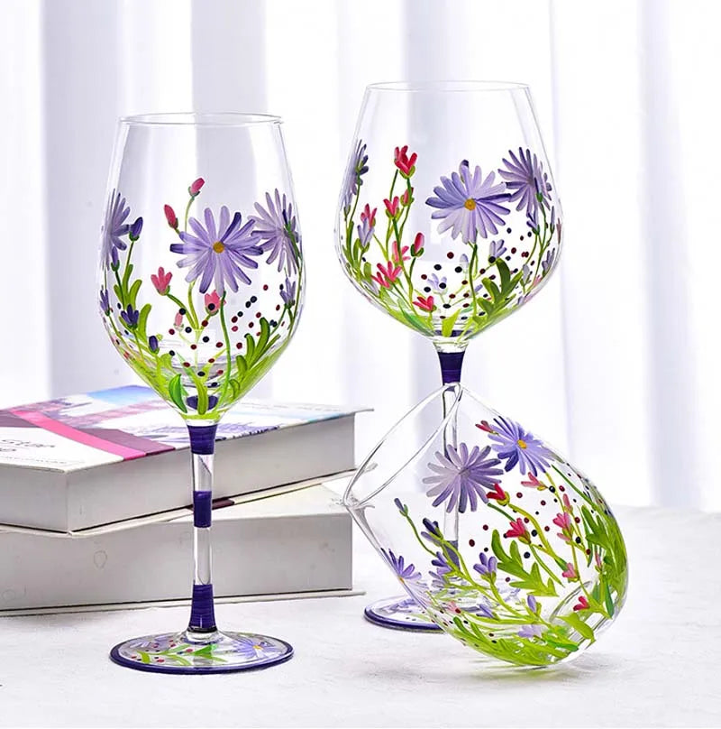 Verres à vin cristal peints main motif floral - vue 2 sur 7