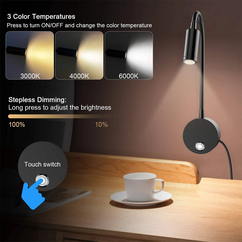 Topoch lampe de lecture LED murale 15 &quot;col de cygne avec Port USB prise tête de lit lampe de nuit 3 couleurs tactile marche/arrêt/gradation