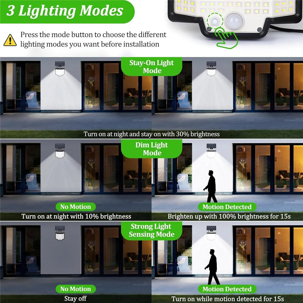 lumière solaire extérieure 166 led avec capteur de mouvement et télécommande - vue 6 sur 8