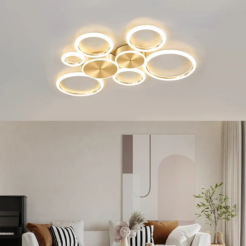 Plafond moderne à LEDs lustre en aluminium Simple plafonnier pour salon chambre salle à manger cercle anneaux plafonnier doré - vue 6 sur 12