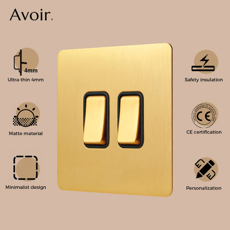 Interrupteur simple 1 voie en acier doré brossé bords arrondis