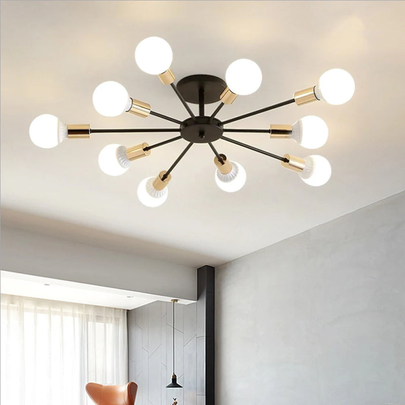 lustre industriel moderne avec tiges multiples en fer et bois