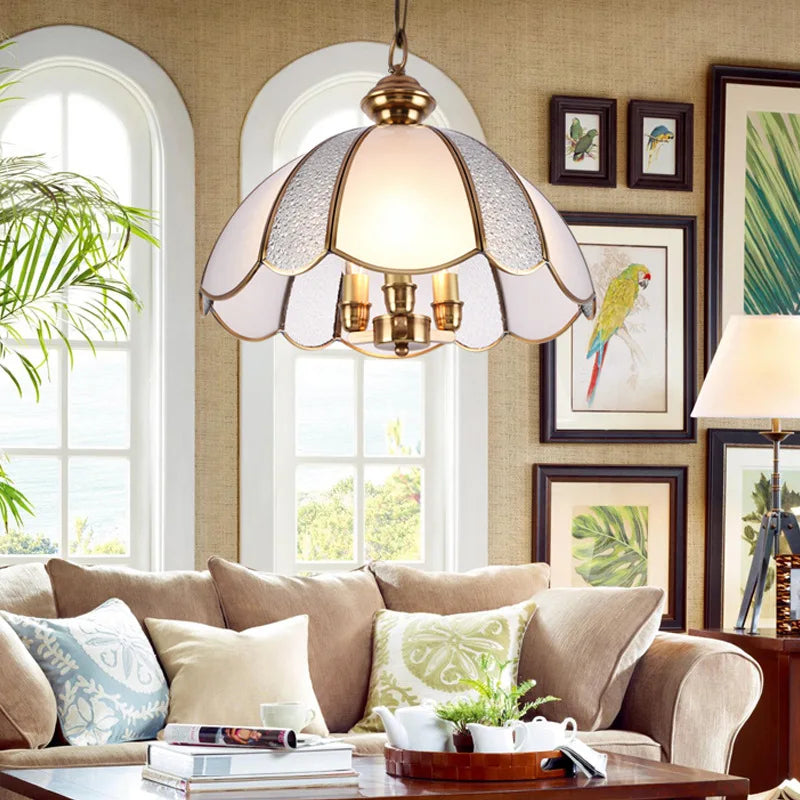 lampe suspendue vintage en verre d'art américain en cuivre