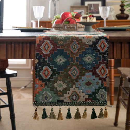 Chemin de table jacquard vert floral style campagne