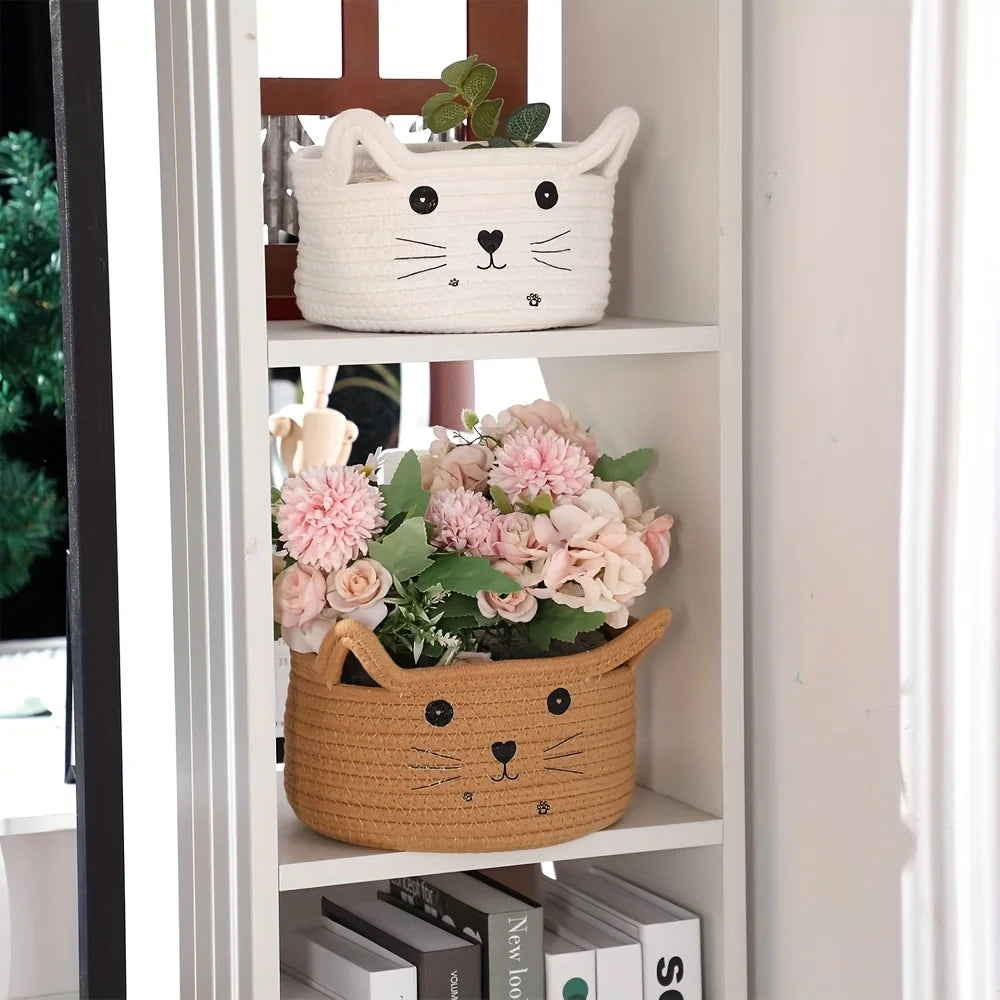 panier de rangement en coton tissé visage de chat adorable - vue 4 sur 11