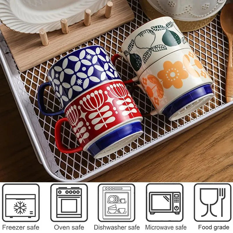 Ensemble tasses cafe ceramique motif floral japonais retro - vue 5 sur 7
