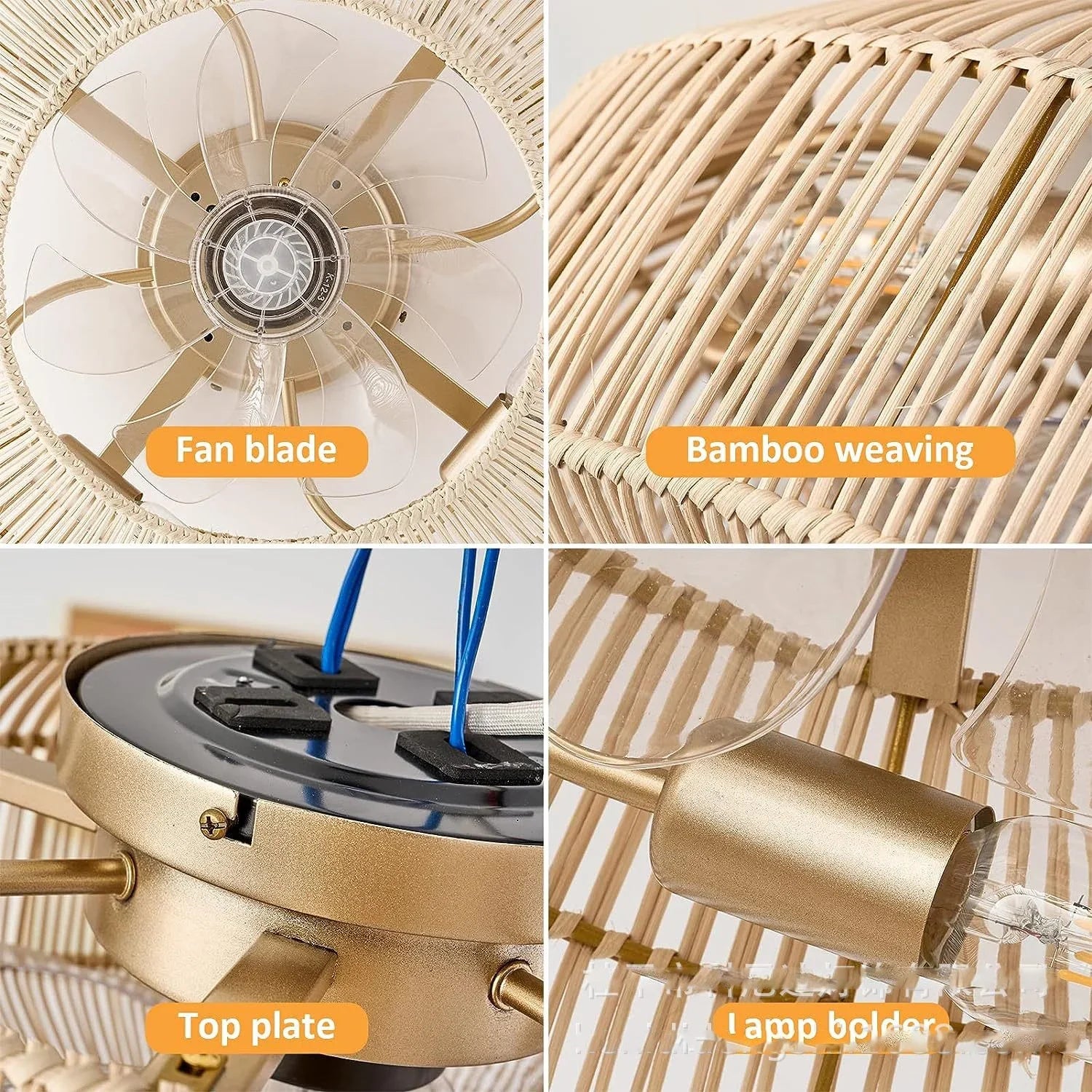 plafonnier ventilateur industriel avec lumière en bambou - vue 7 sur 7