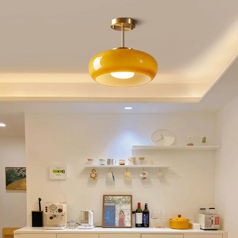 IWHD nordique plafond moderne à LEDs lampe maison éclairage intérieur chambre salon salle à manger cuivre jaune verre abat-jour lampara - vue 10 sur 20