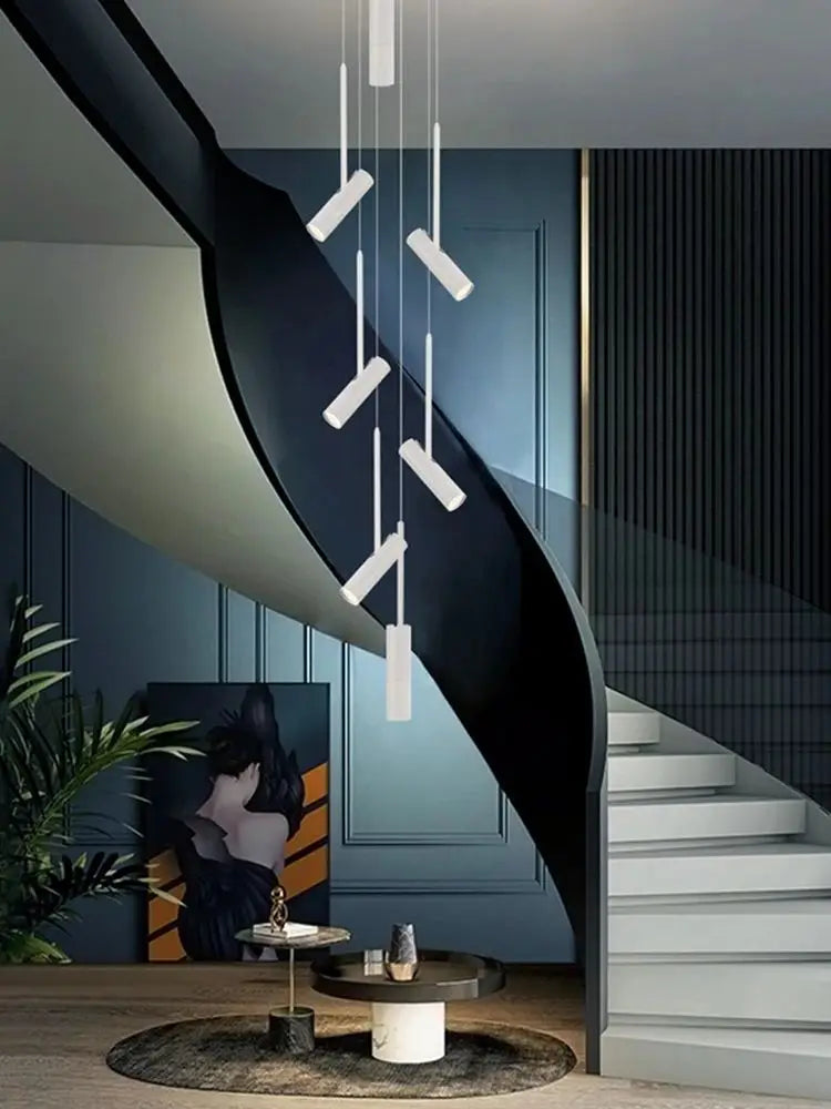 Led cylindrique spot suspension design moderne Restaurant éclairage noir blanc minimaliste escalier Long lustre - vue 6 sur 14
