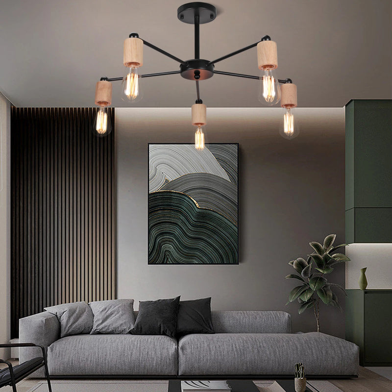 lustre industriel moderne avec tiges multiples en fer et bois