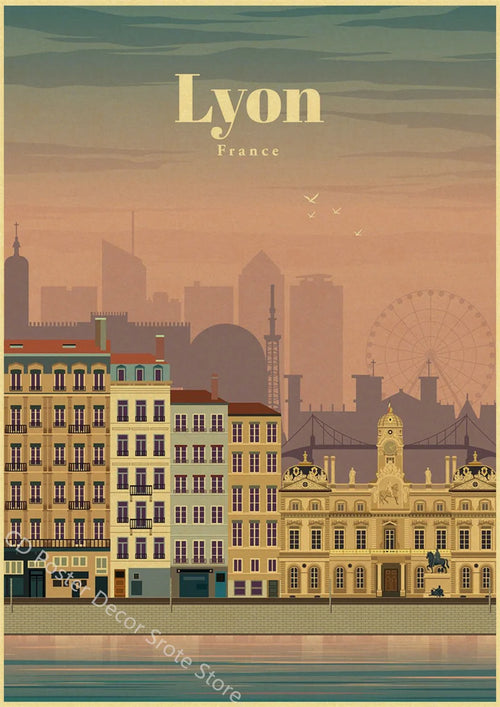 affiche rétro des villes du monde pour décoration murale