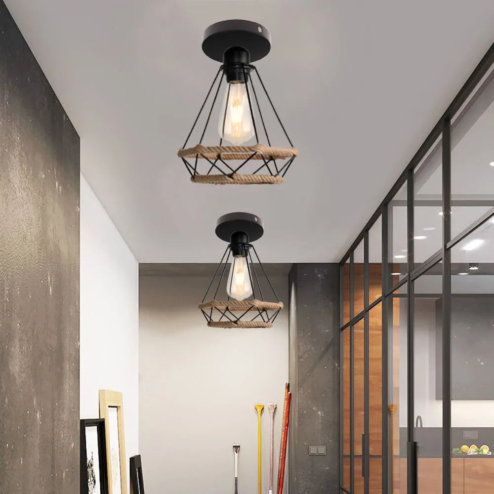 Plafonnier rétro en métal avec Cage en fer et corde de chanvre pour intérieur d'allée - vue 5 sur 14