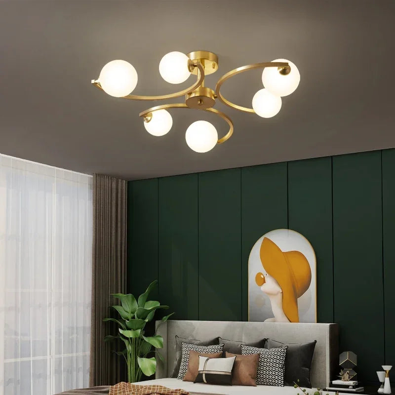 plafonnier moderne en cuivre doré avec boule de verre et led - vue 6 sur 10