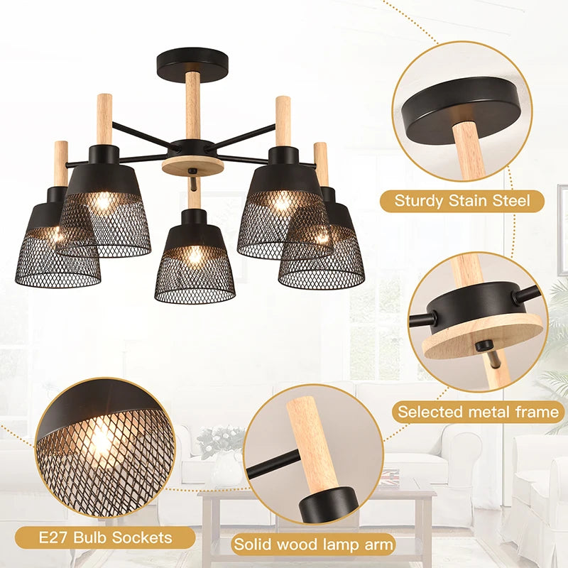 Salon scandinave plafond suspension chambre plafonnier restaurant suspension E27 en bois suspension hôtel - vue 6 sur 10