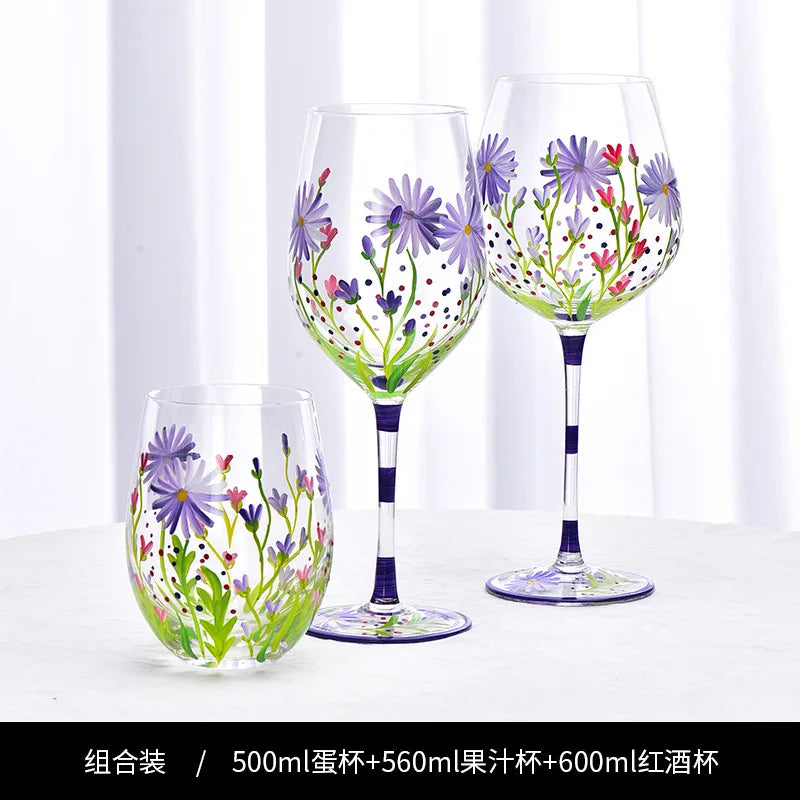 Verre à vin cristal peint main motif floral