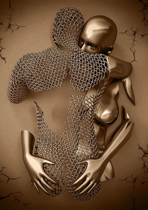 affiche couple amour câlin baiser décoration murale paillettes argentées