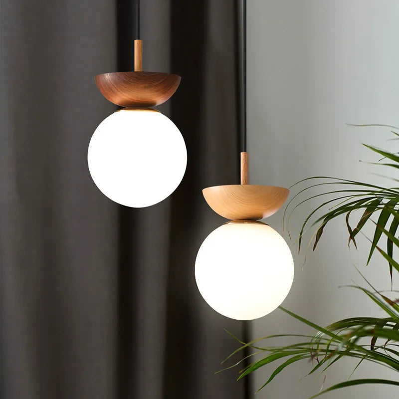 plafonnier led noyer nordique grain de bois boule ronde abat-jour en verre - vue 5 sur 10