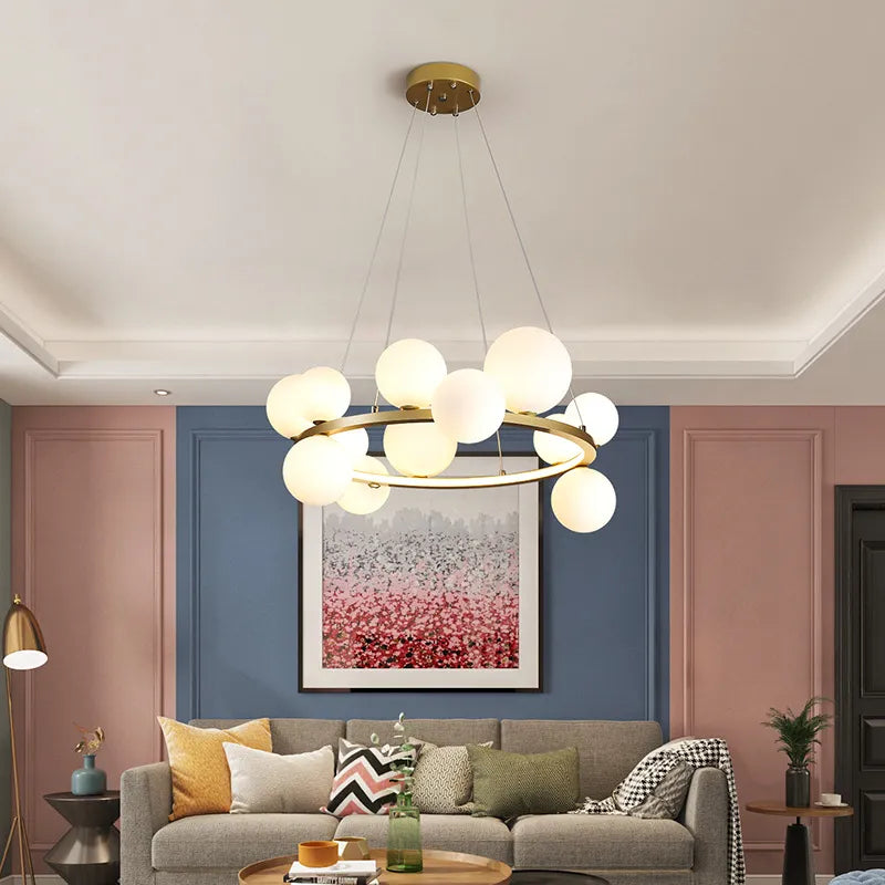 Lustre design rond avec boules en Verre clair à LED