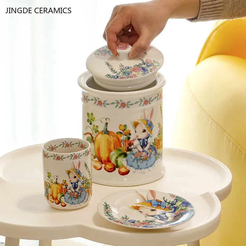 Assiette ceramique motif citrouille et lapin style jardin