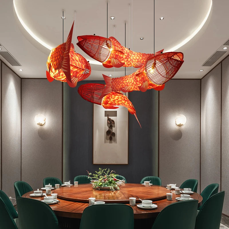 Lustre en bambou style chinois créatif avec gros poisson