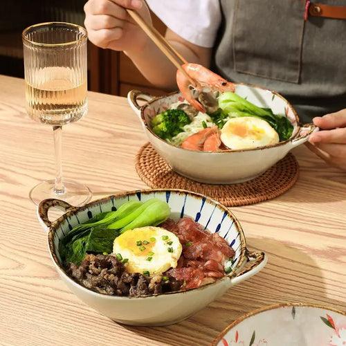 Bol japonais en céramique à anse motif floral