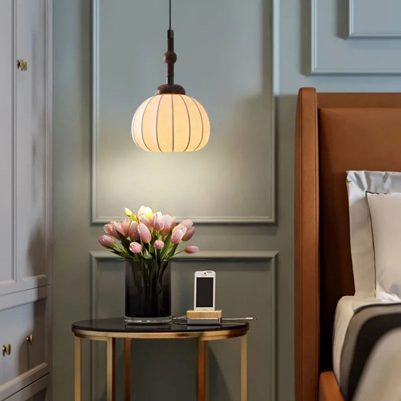 lustre en soie et bois pour éclairage intérieur moderne - vue 5 sur 7