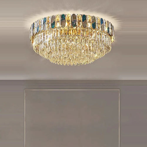 plafonnier led art déco en cristal doré et acier inoxydable
