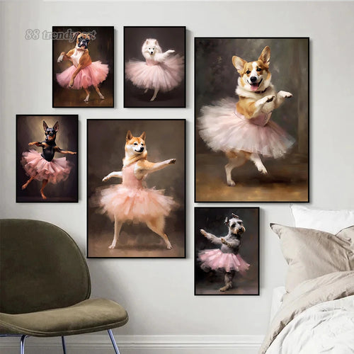 portraits de ballerine de chien art abstrait mural kawaii