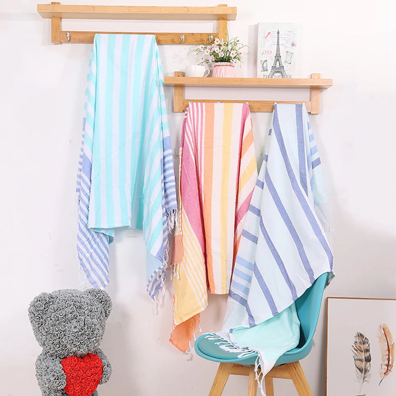 serviette de plage turque coton rayée pompons légère